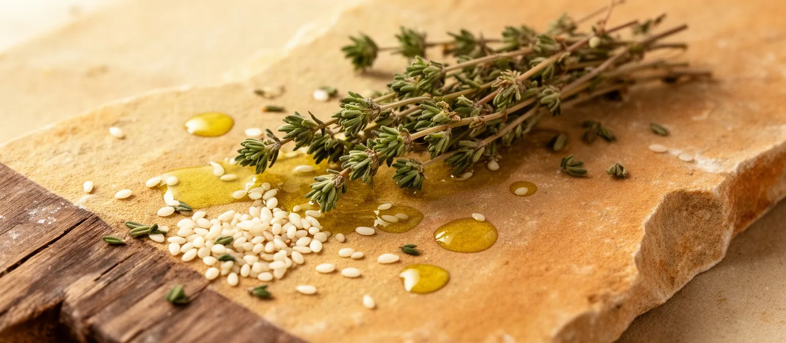Dried thyme sprigs, scattered sesame seeds and drops of olive oil on warm sandstone beside the edge of a worn wooden board